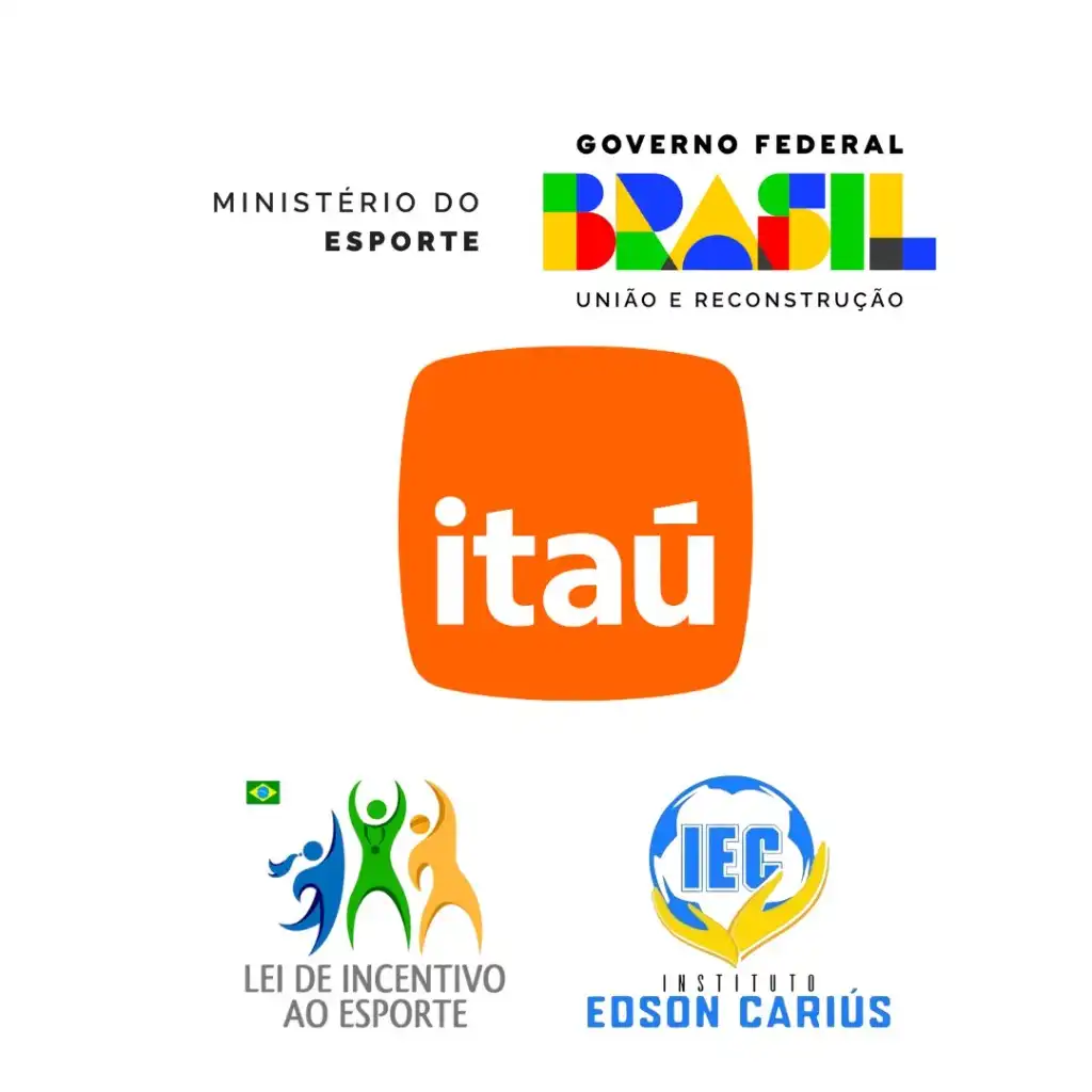 Logos de parceiros institucionais: Ministério do Esporte, Governo Federal, Itaú, Lei de Incentivo ao Esporte e Instituto Edson Cariús